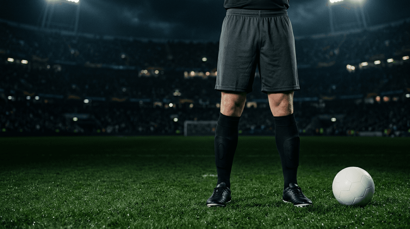 Fotbollsspelare på en upplyst plan i vita SOCKPOCKET-strumpor med benskyddet dolt i strumpan