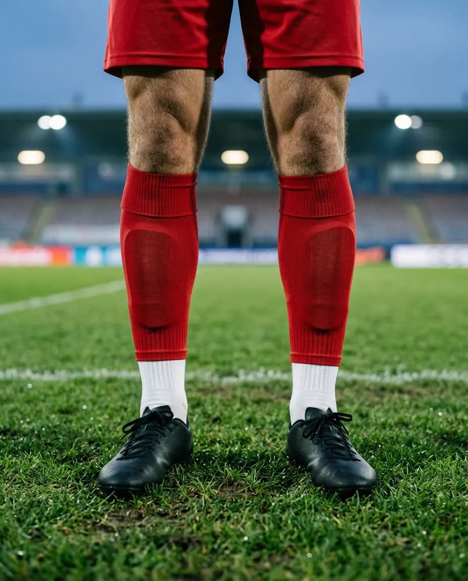 Vit SOCKPOCKET SHORT under en kortklippt röd lagstrumpa, benskyddet centrerat framför smalbenet